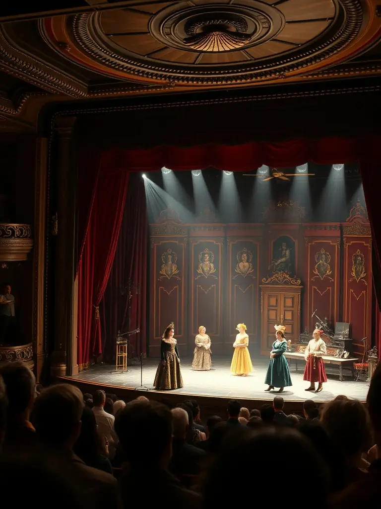 A captivating image of a local theater performance, highlighting the actors in costume on stage, with an engaged audience in the background, representing a cultural event organized by ASSOC CULTURELLE ARTISTIQUE ET SPORTIVE.