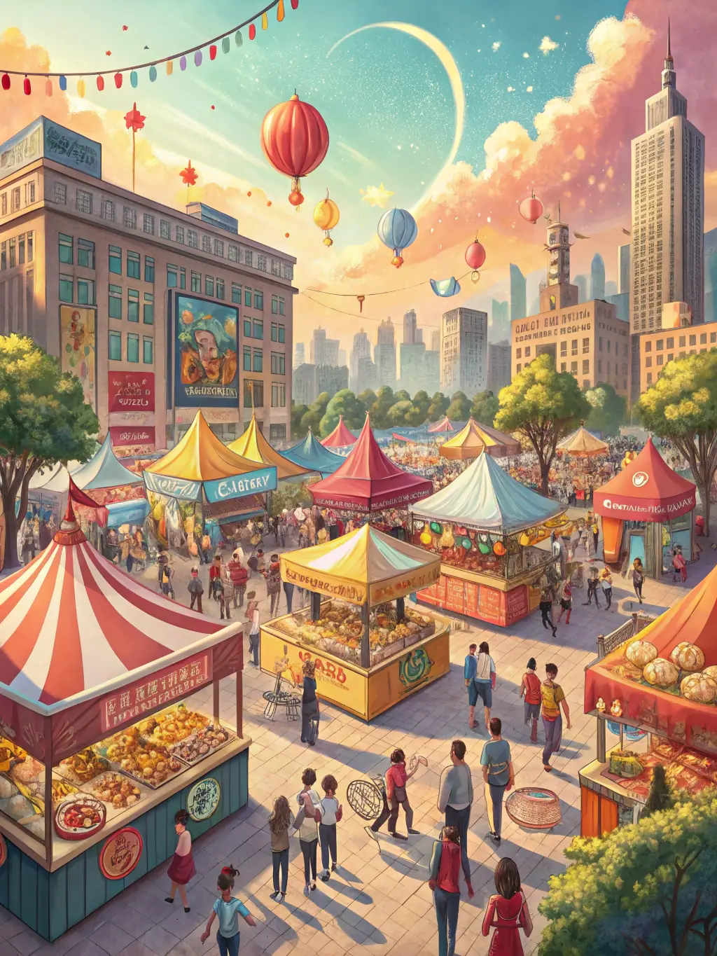 A lively outdoor cultural festival with performers, art displays, and audience engagement, representing the Cultural Events program.