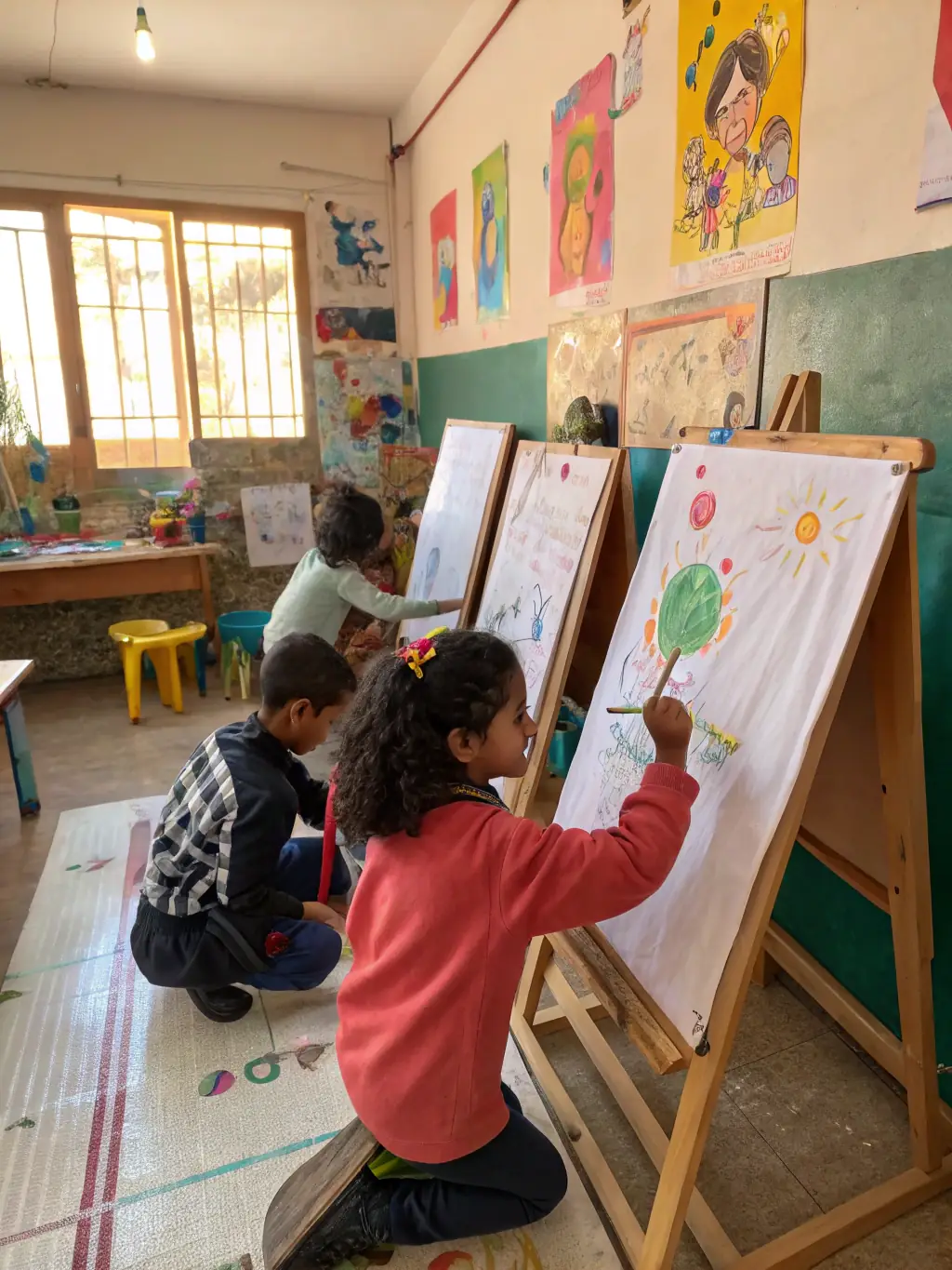 A vibrant image of children participating in a painting workshop, showcasing their colorful artwork and enthusiastic expressions, set in a bright and cheerful studio environment at ASSOC CULTURELLE ARTISTIQUE ET SPORTIVE.