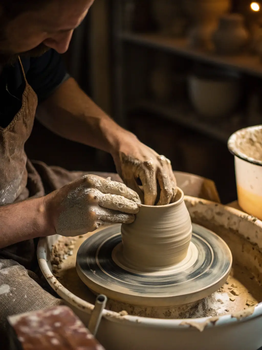 A group of people attending a pottery class, focusing on shaping clay with their hands, representing a hands-on artistic activity.