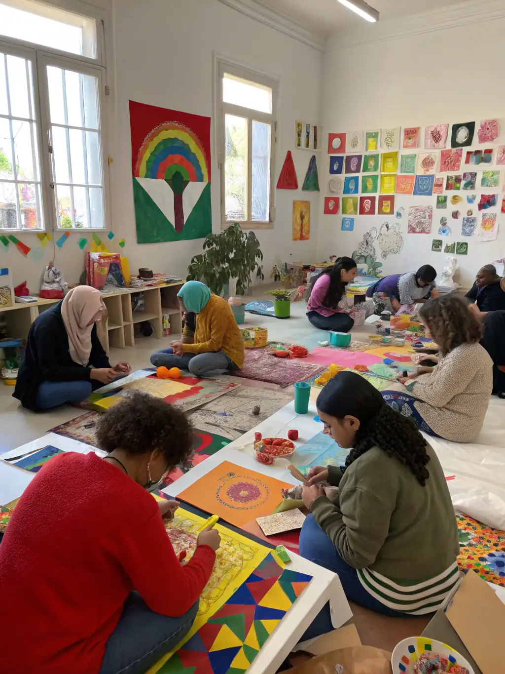 An image of participants engaged in a lively painting workshop, with vibrant colors and focused expressions, showcasing the Artistic Workshops program.