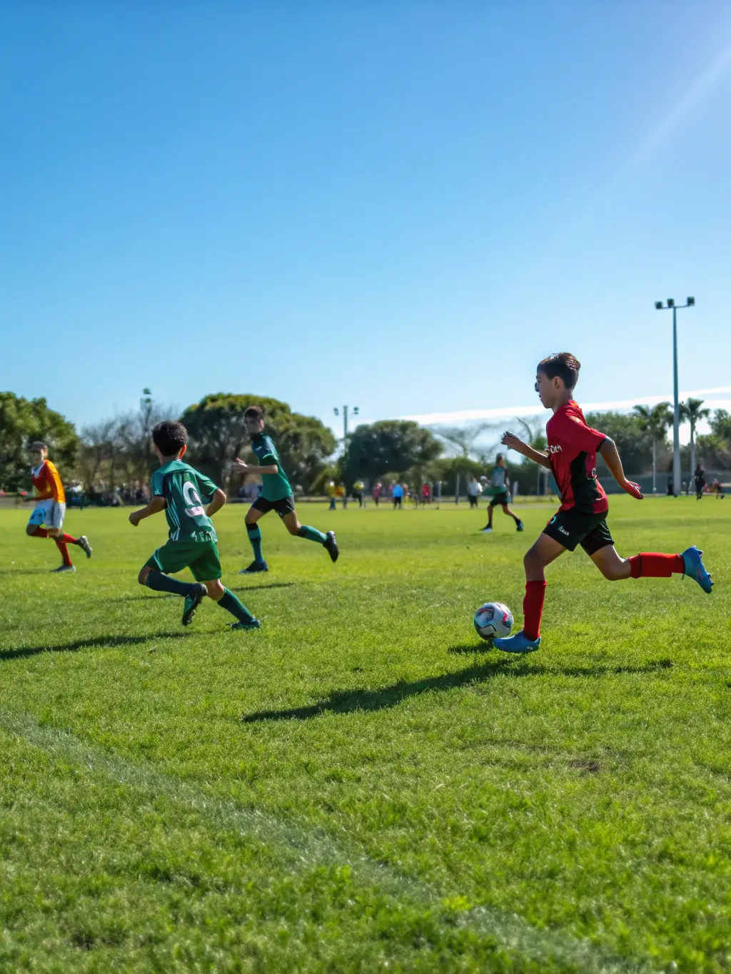 A group of children and adults playing soccer on a community field, smiling and active, illustrating the Sports Programs.
